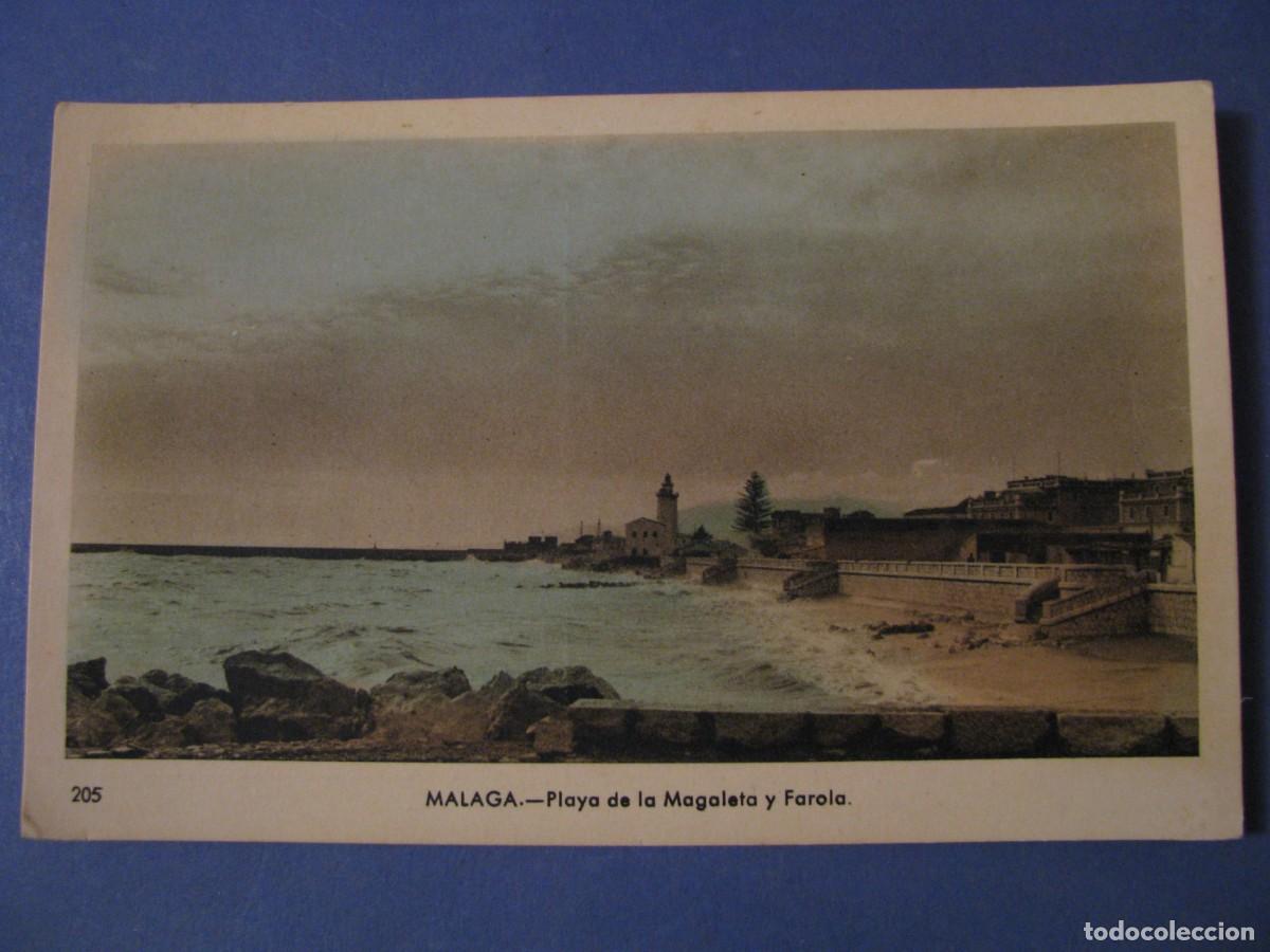 Postales: POSTAL DE MALAGA. PLAYA DE LA MALAGUETA (ERROR -MAGALETA-) Y FAROLA. ARRIBAS 205.