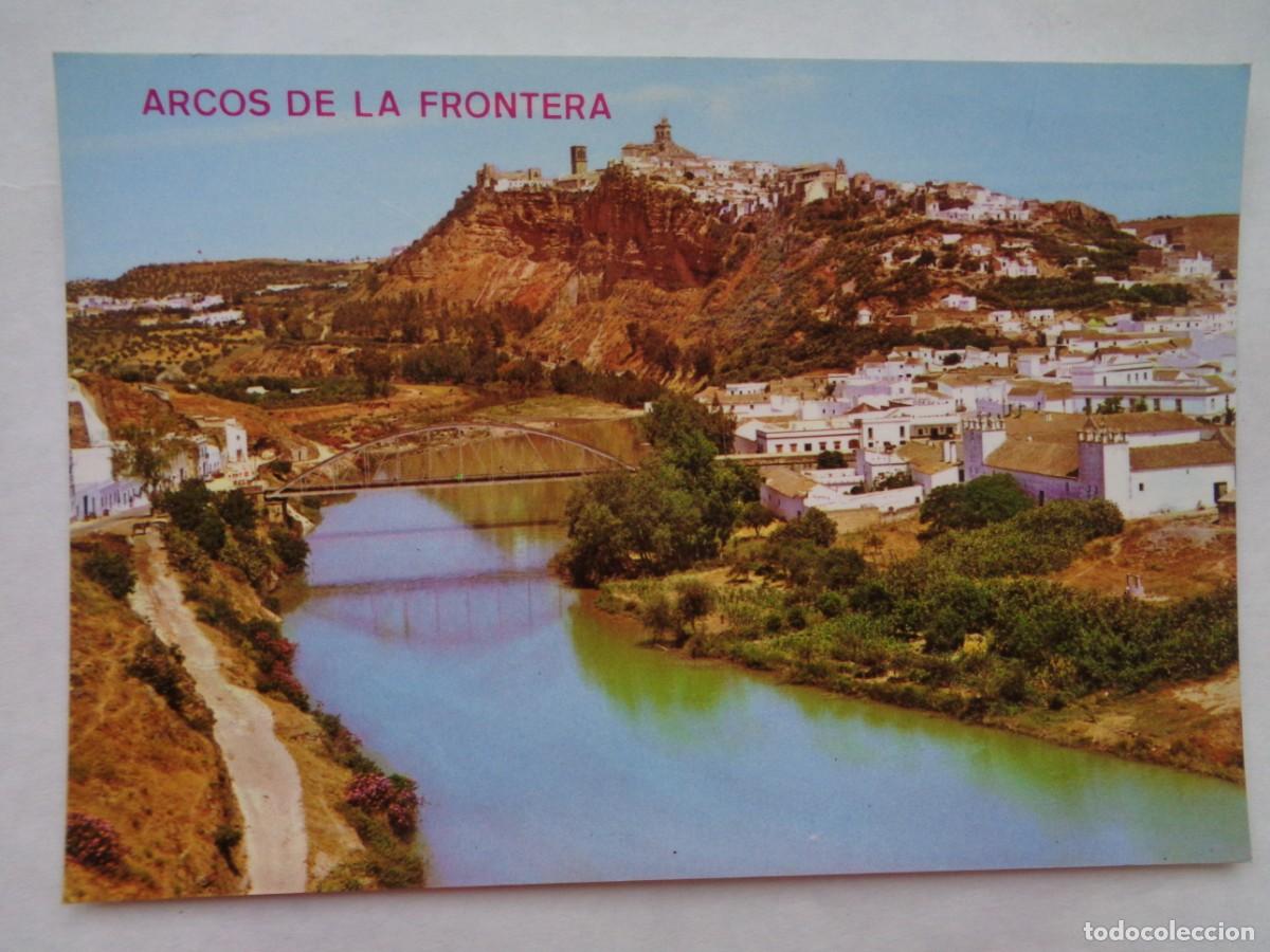 Postales: POSTAL DE ARCOS DE LA FRONTERA ( CADIZ ): RIO GUADALETE, VISTA PARCIAL Y CORTE E LA PE&Ntilde;A . A&Ntilde;OS 70