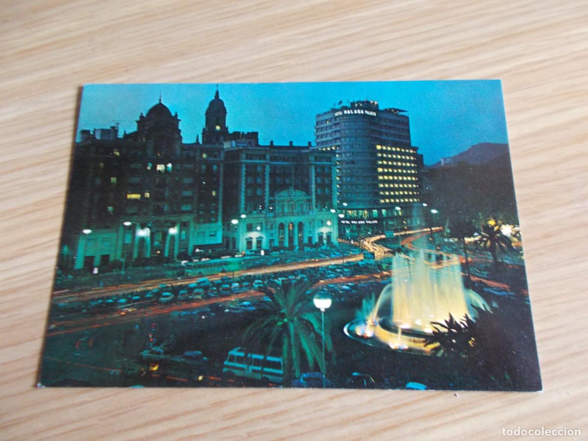 Postales: MALAGA --PLAZA QUEIPO DE LLANO Y HOTEL MALAGA PALACIO NOCTURNA