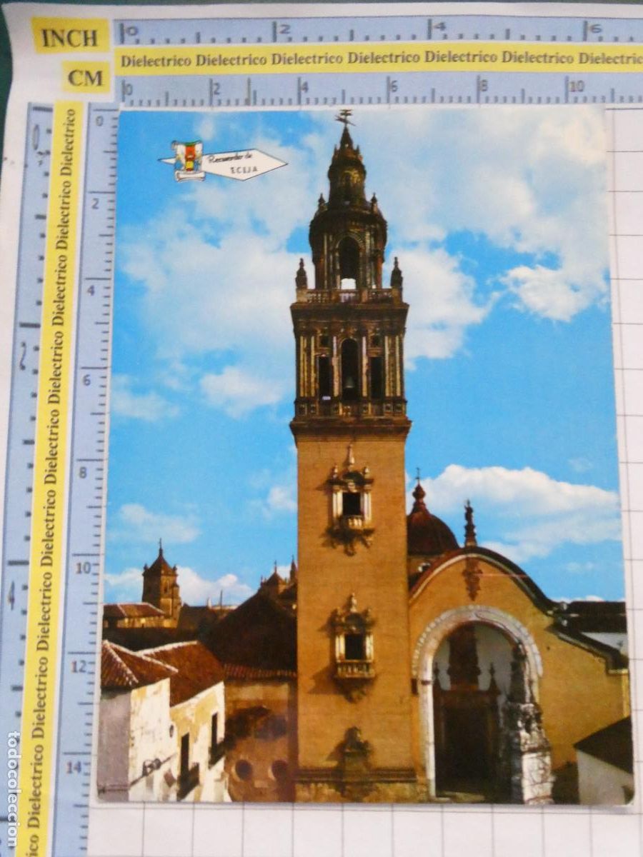 Postales: POSTAL DE SEVILLA. A&Ntilde;O 1966. ECIJA IGLESIA SANTA MAR&Iacute;A Y MONUMENTO A LA VIRGEN DEL VALLE 5205 P 2459