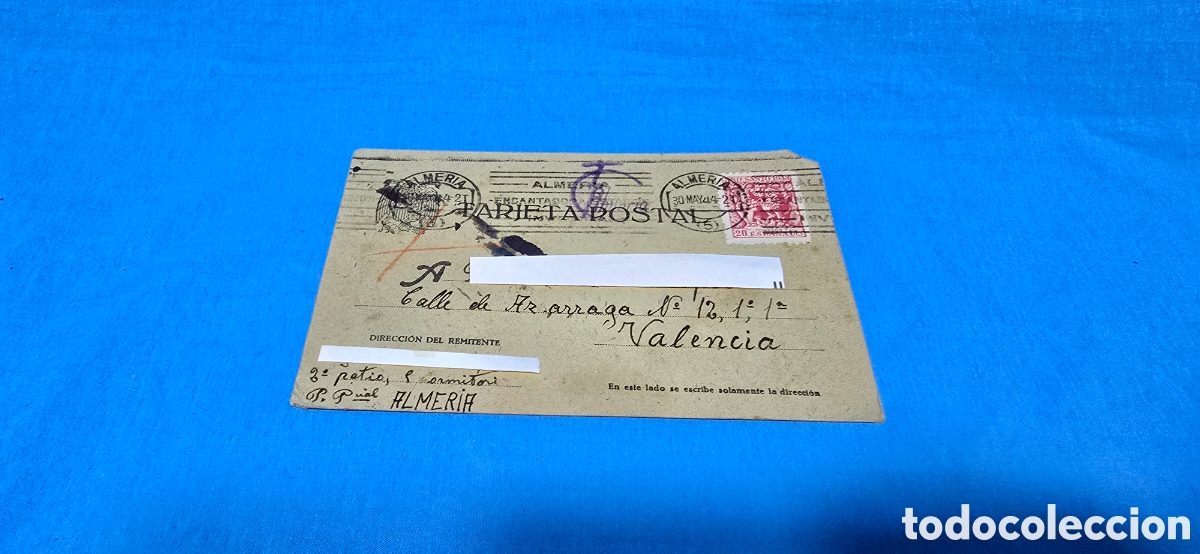Postkarten: TARJETA POSTAL CON CENSURA MILITAR. ENVIADA POR PRESO POL&Iacute;TICO DESDE LA C&Aacute;RCEL DE ALMER&Iacute;A 1944