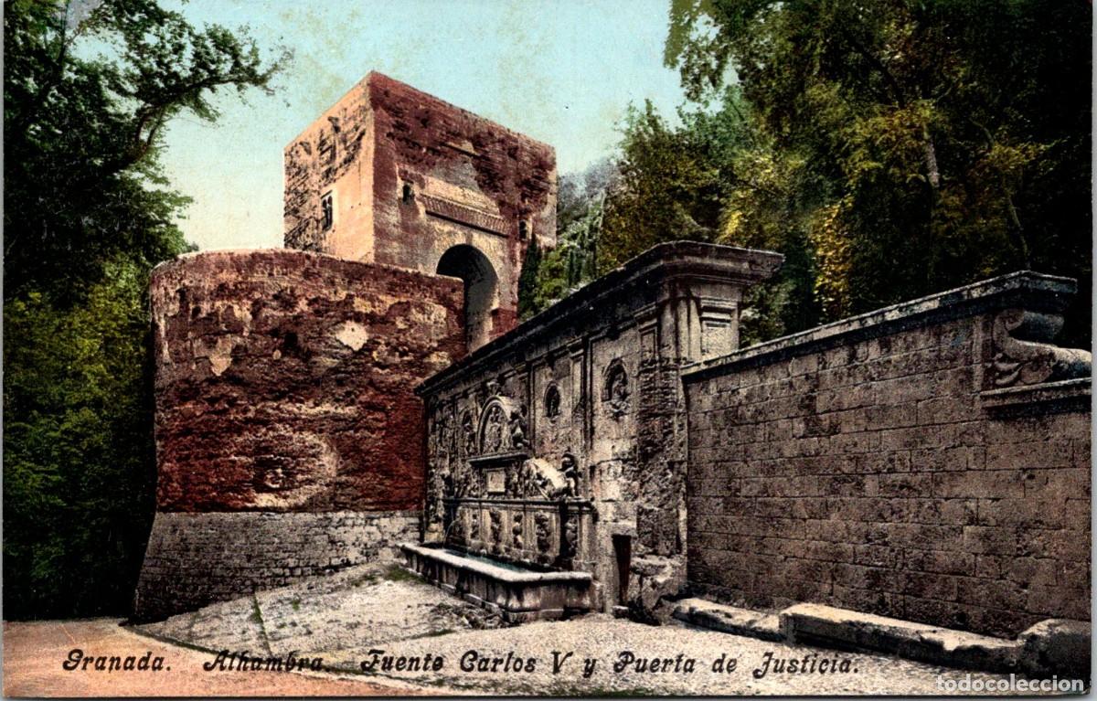 Postais: Granada - Alhambra - Fuente Carlos V y Puerta de Justicia - Purger & Co. 5828 - Coloreada - 138x88mm