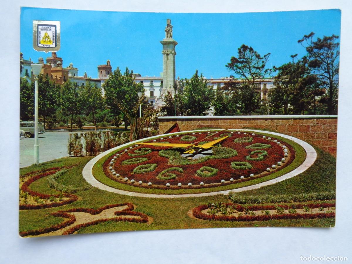 Cartoline: POSTAL DE CADIZ : RELOJ DE FLORES Y MONUMENTO A LAS CORTES. A&Ntilde;OS 0