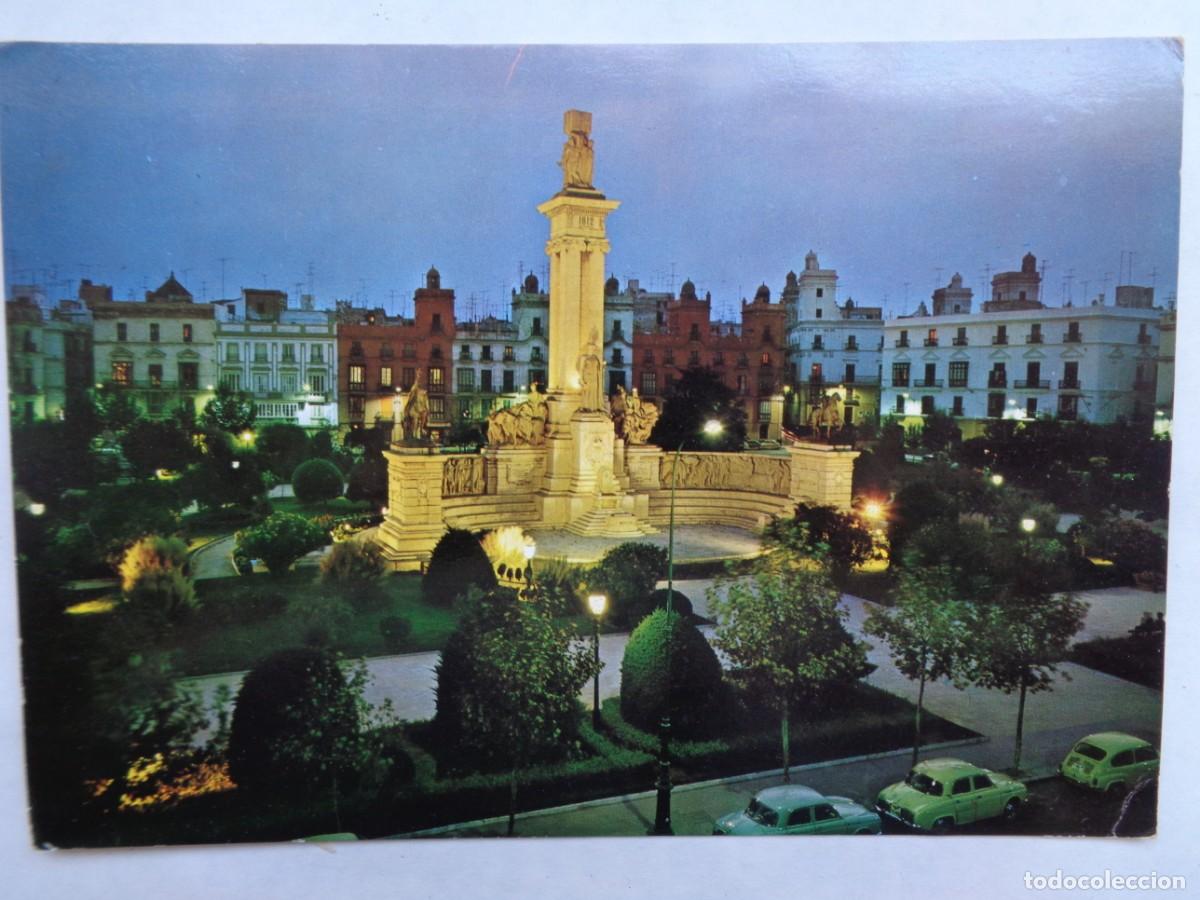 Postais: POSTAL DE CADIZ : PLAZA DE ESPA&Ntilde;A , MONUMENTO A LAS CORTES ( NOCTURNO ). A&Ntilde;OS 60