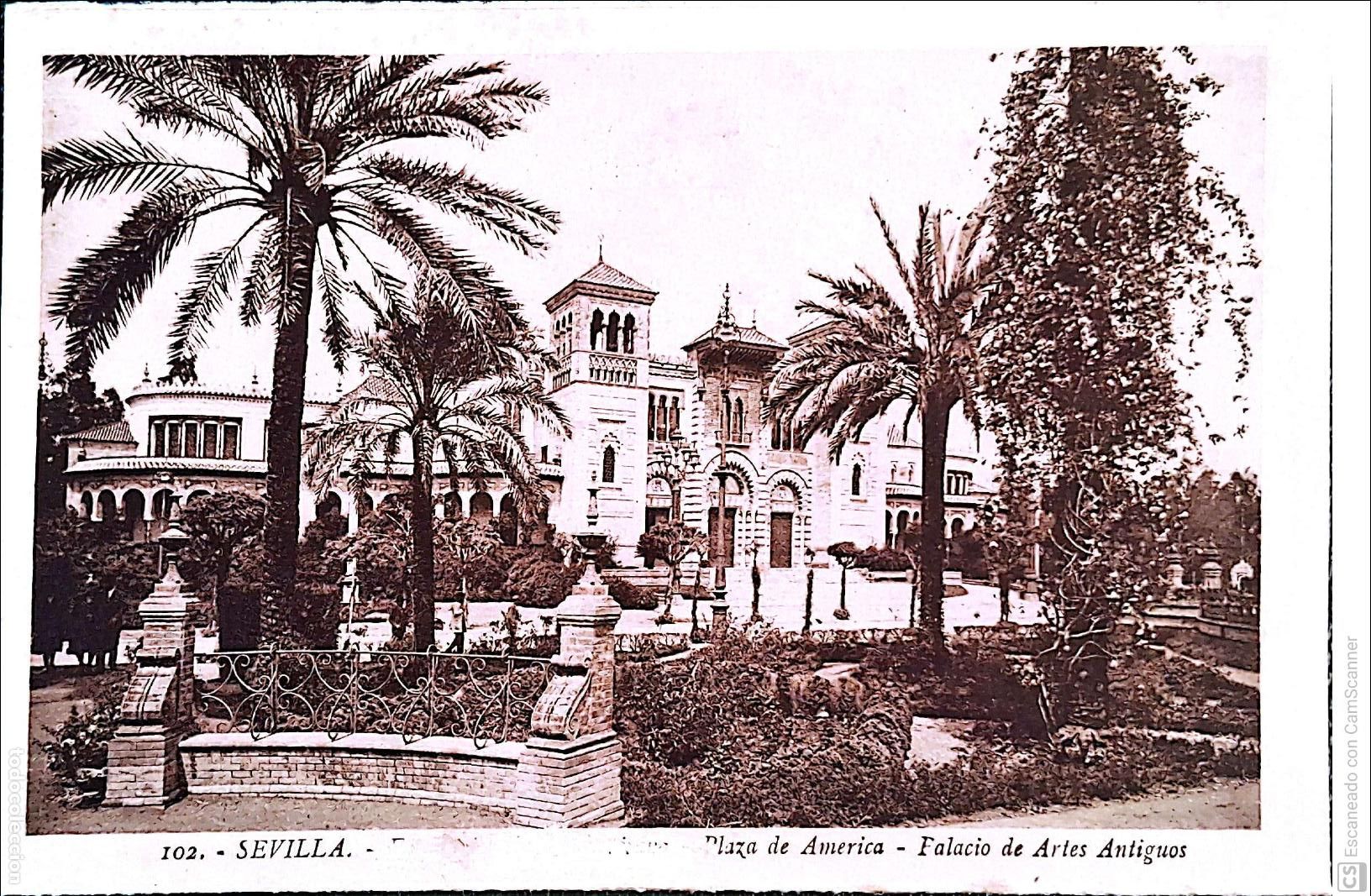 Postcards: Sevilla. 102 Plaza de Am&eacute;rica-Palacio de Artes Antiguos. Roisin. Nueva. Sepia.