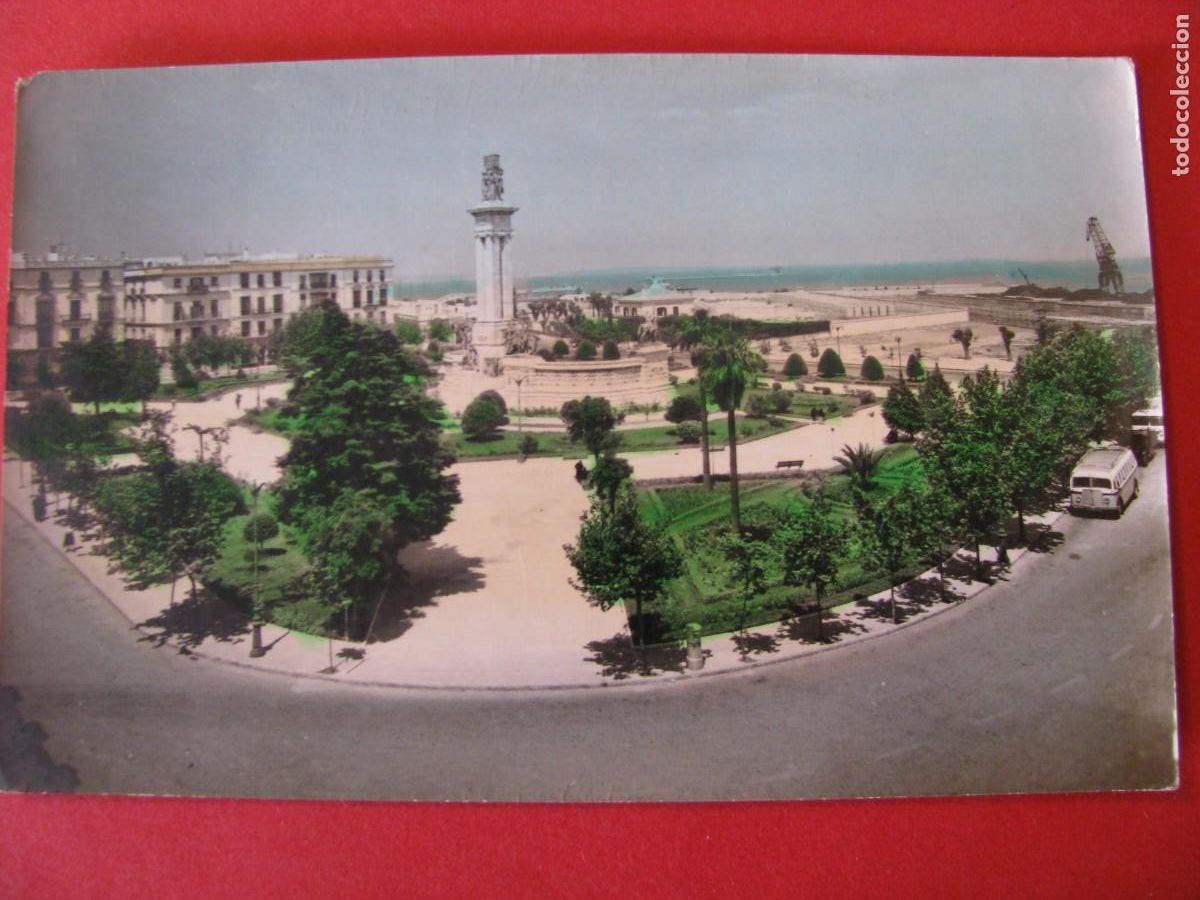 Cartoline: POSTAL FOTOGR&Aacute;FICA DE CADIZ. PLAZA DE ESPA&Ntilde;A. ED. SICILIA. 6. CIRCULADA 1962. COLOREADA.