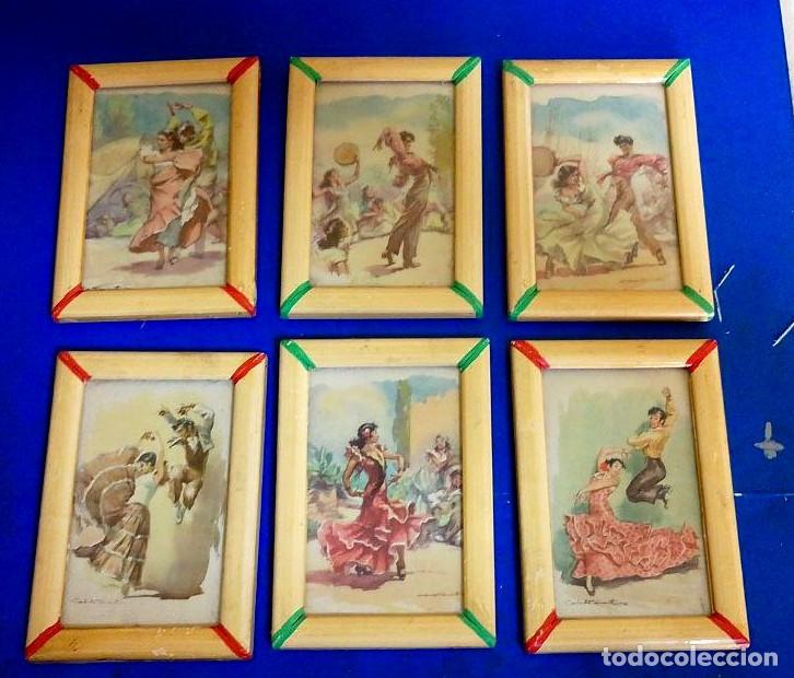 Postales: seis postales enmarcadas, acuarelas de flamenco a&ntilde;os 50-60