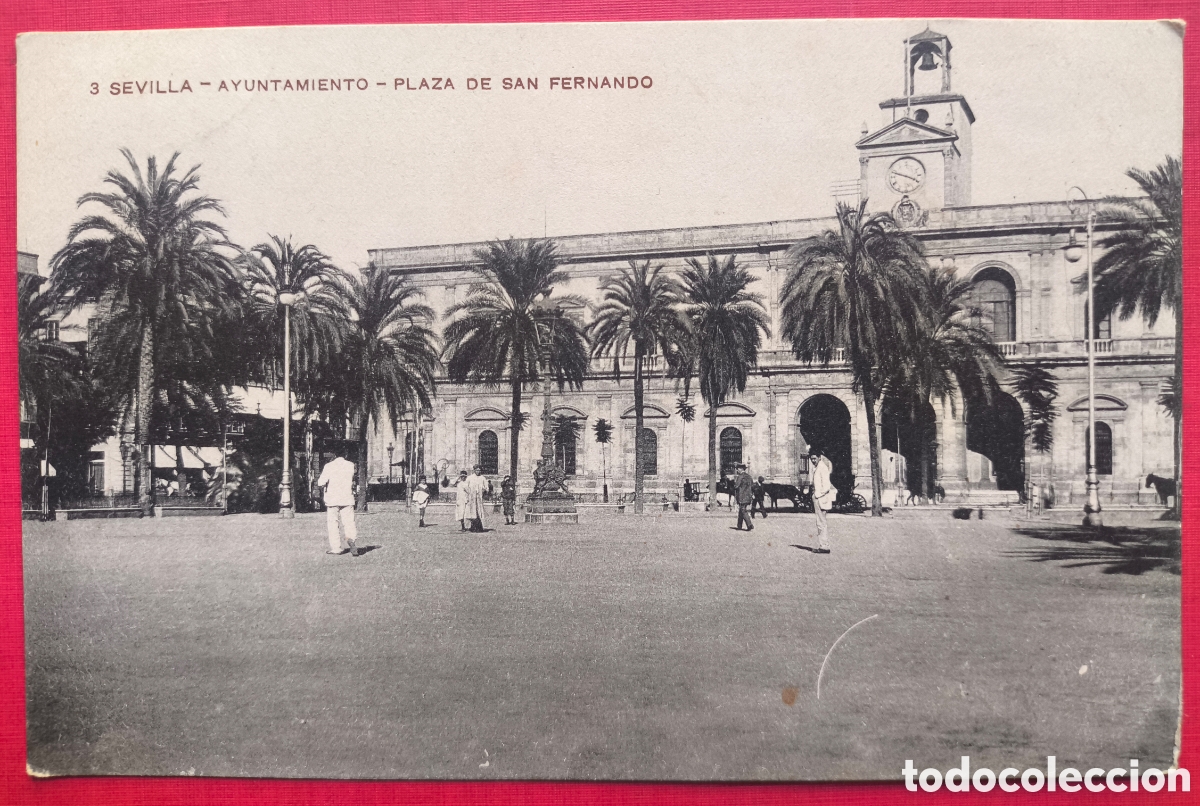 Postales: SEVILLA PLAZA SAN FERNANDO AYUNTAMIENTO ANTIGUA POSTAL ANIMADA CIRCULADA 1905