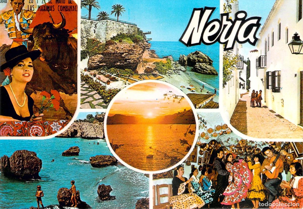 Postales: Postal Nerja Costa del Sol, Collage Tur&iacute;stico, Playa, Flamenco y Toro