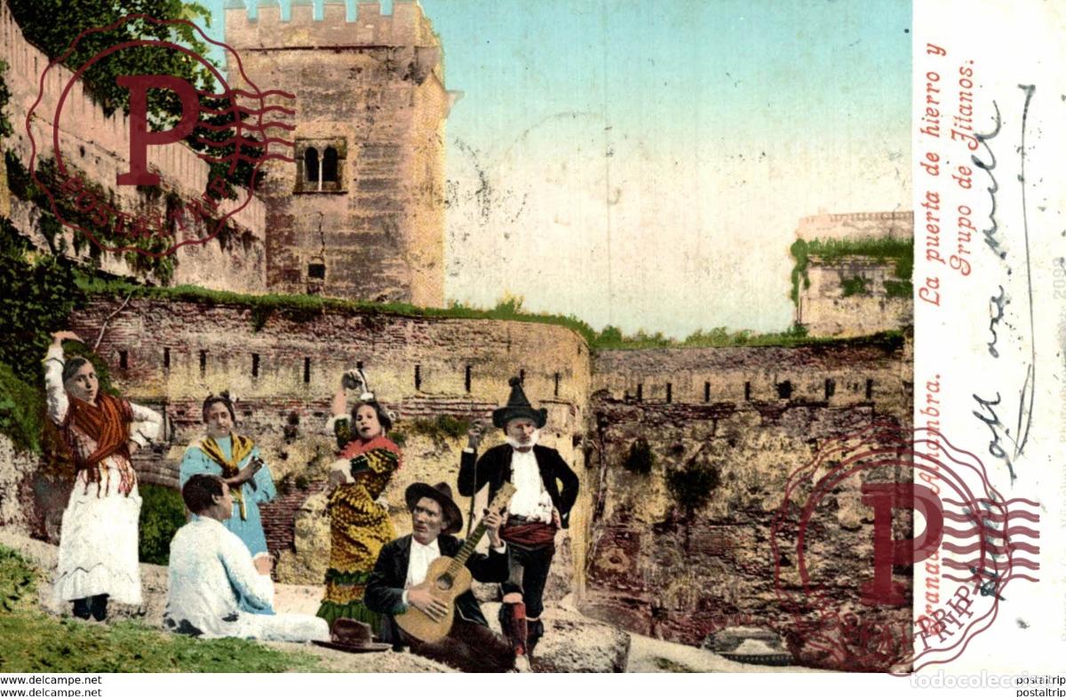 Postales: Granada - Alhambra - La Puerta de Hierro y Grupo de Jitanas Gitanas - Foto 1
