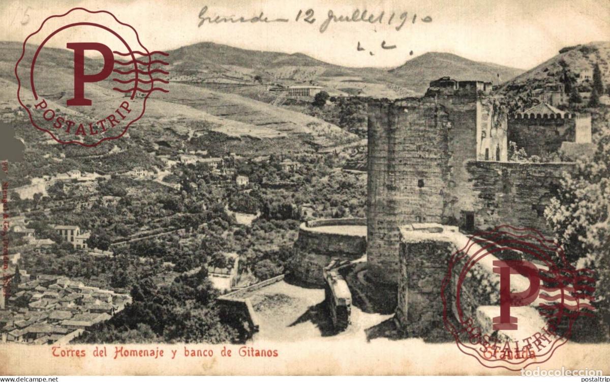 Postales: GRANADA. TORRE DEL HOMENAJE Y BANCO DE GITANOS. - Foto 1
