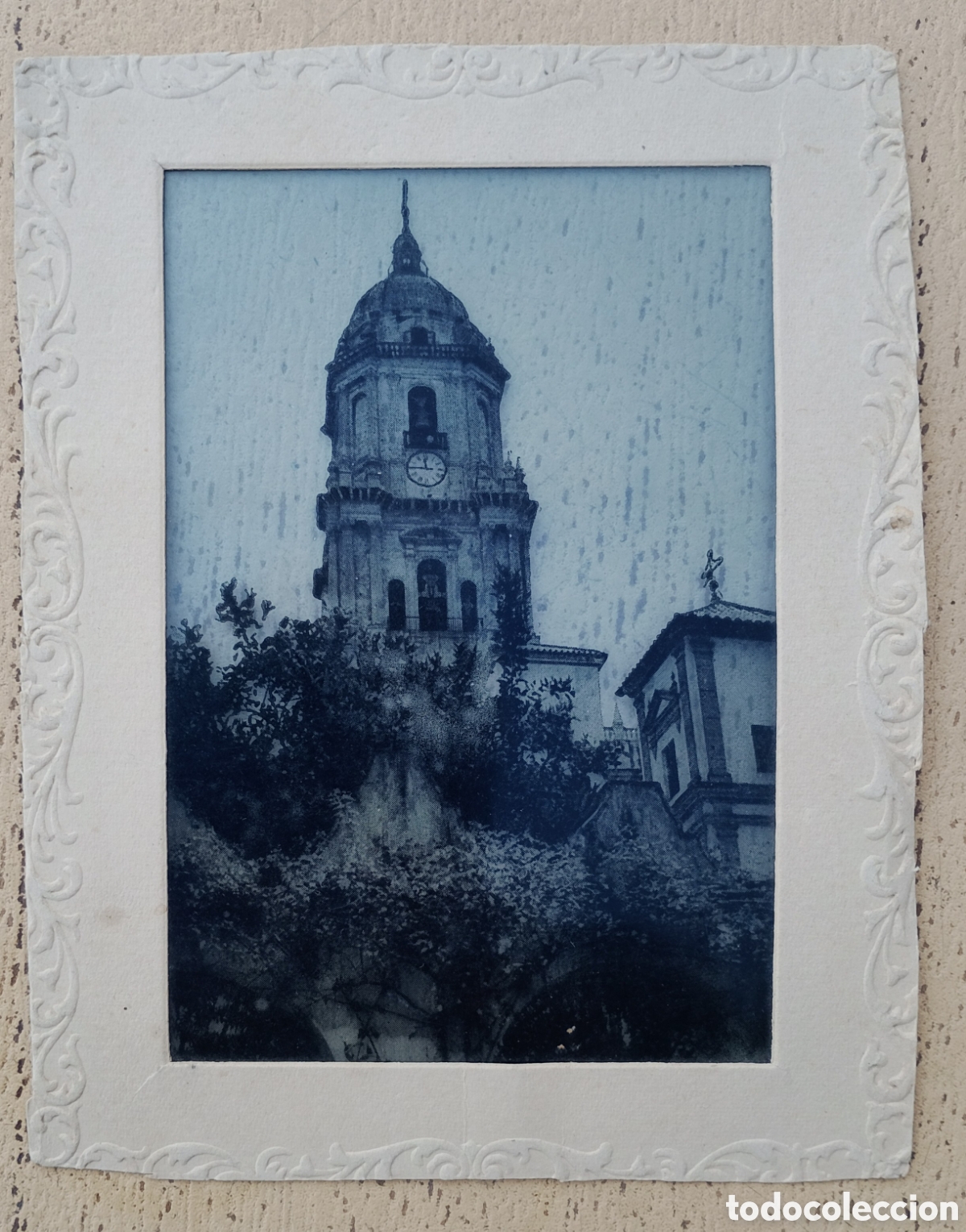 Postales: Postal Fototipia Clich&eacute; de los Jardines del Palacio Episcopal con la Torre de la Catedral de M&aacute;laga