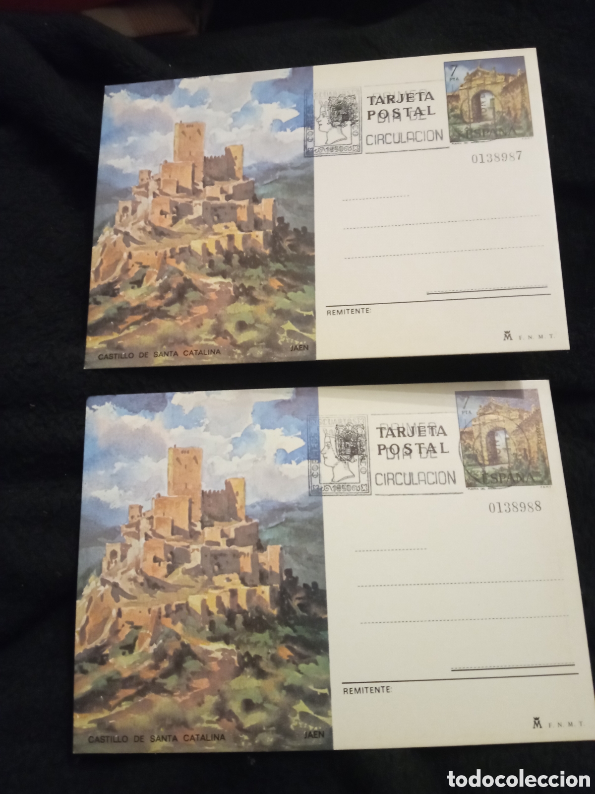 Postales: 2 antiguas postales, Castillo de Santa Catalina, Ja&eacute;n, 1 d&iacute;a de circulaci&oacute;n, numeraci&oacute;n correlativas