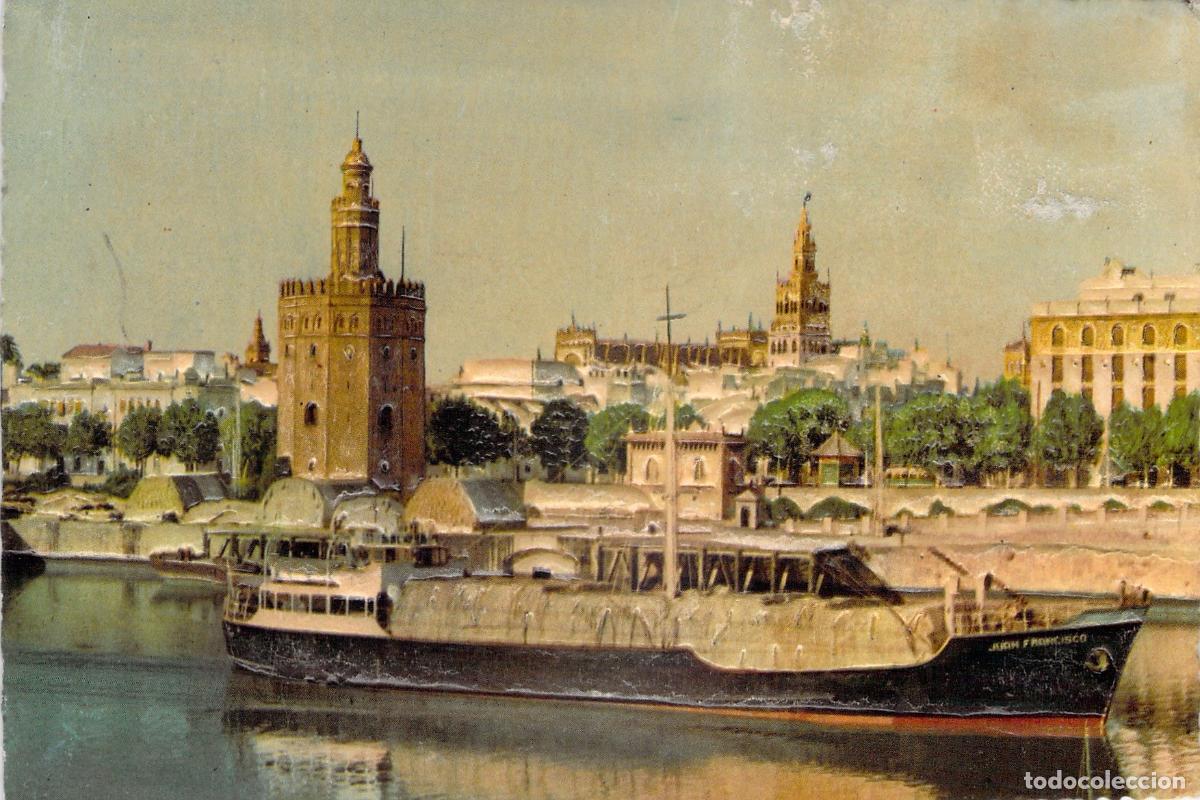 Postales: Postal de Sevilla: Torre del Oro y Catedral con Barco en el Guadalquivir