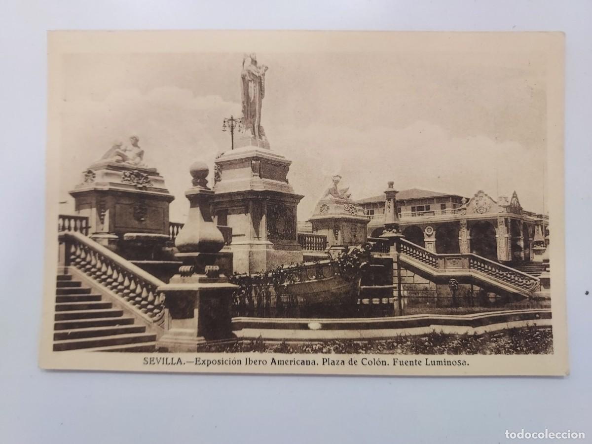 Postales: POSTAL SEVILLA EXPOSICION IBERO AMERICANA PLAZA DE COLON FUENTE LUMINOSA. 1929. SIN CIRCULAR. GRAFOS
