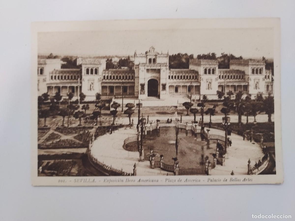 Postales: POSTAL SEVILLA EXPOSICION IBERO AMERICANA PLAZA AMERICA PALACIO BELLAS ARTES. 1929. S/C. ROISIN