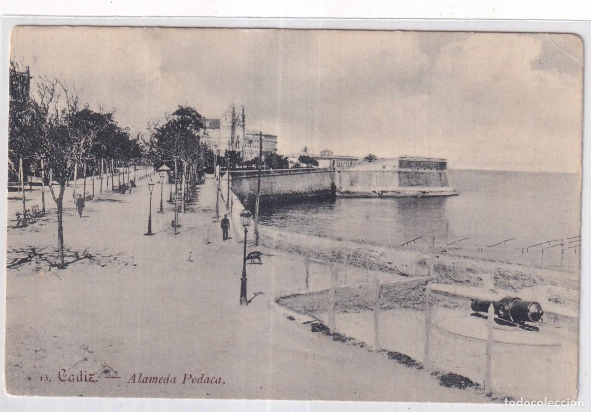 Postales: 13 C&aacute;diz Alameda Podaca . Programa fiestas veraniegas de 1908 en el reverso. Escrita