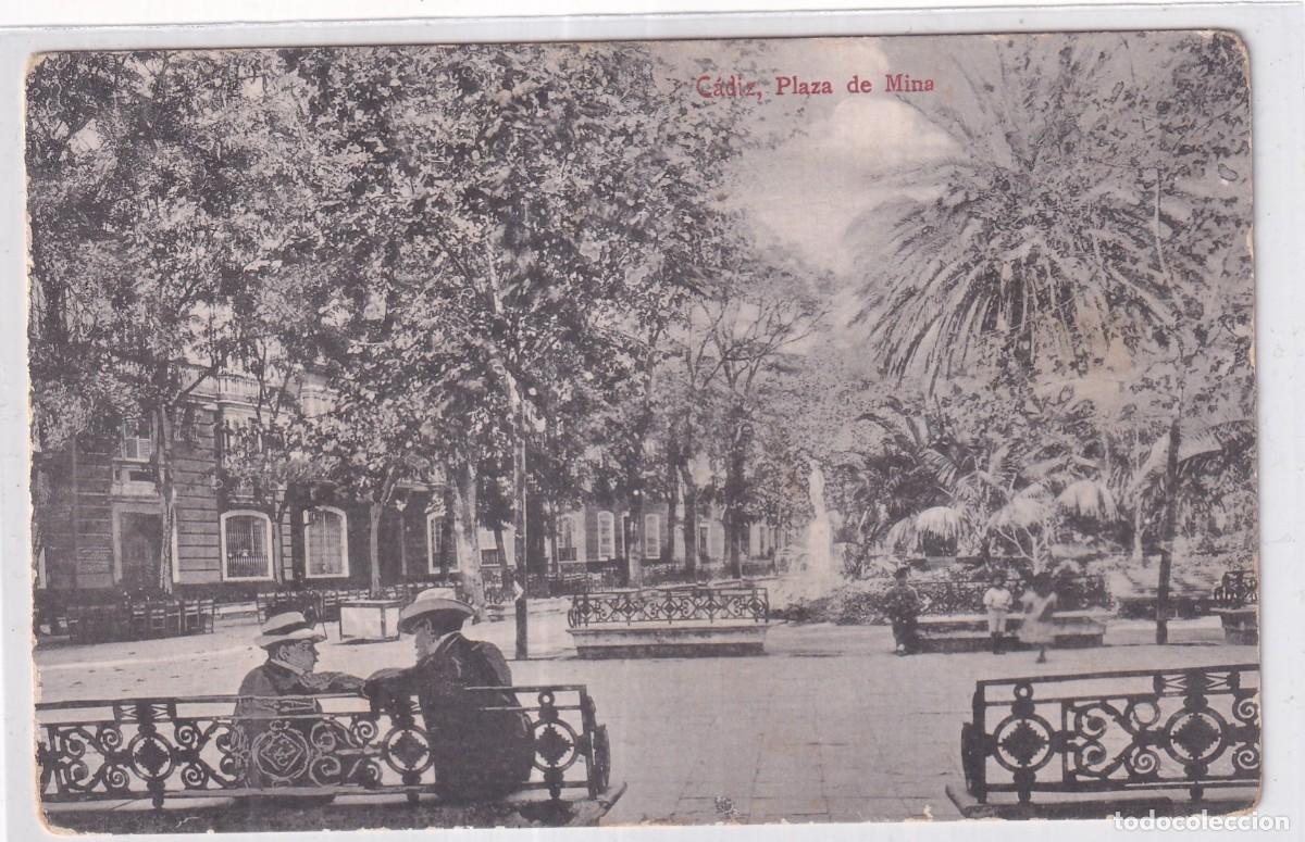 Postales: C&aacute;diz Plaza de Mina . Programa fiestas veraniegas de 1908 en el reverso. Escrita