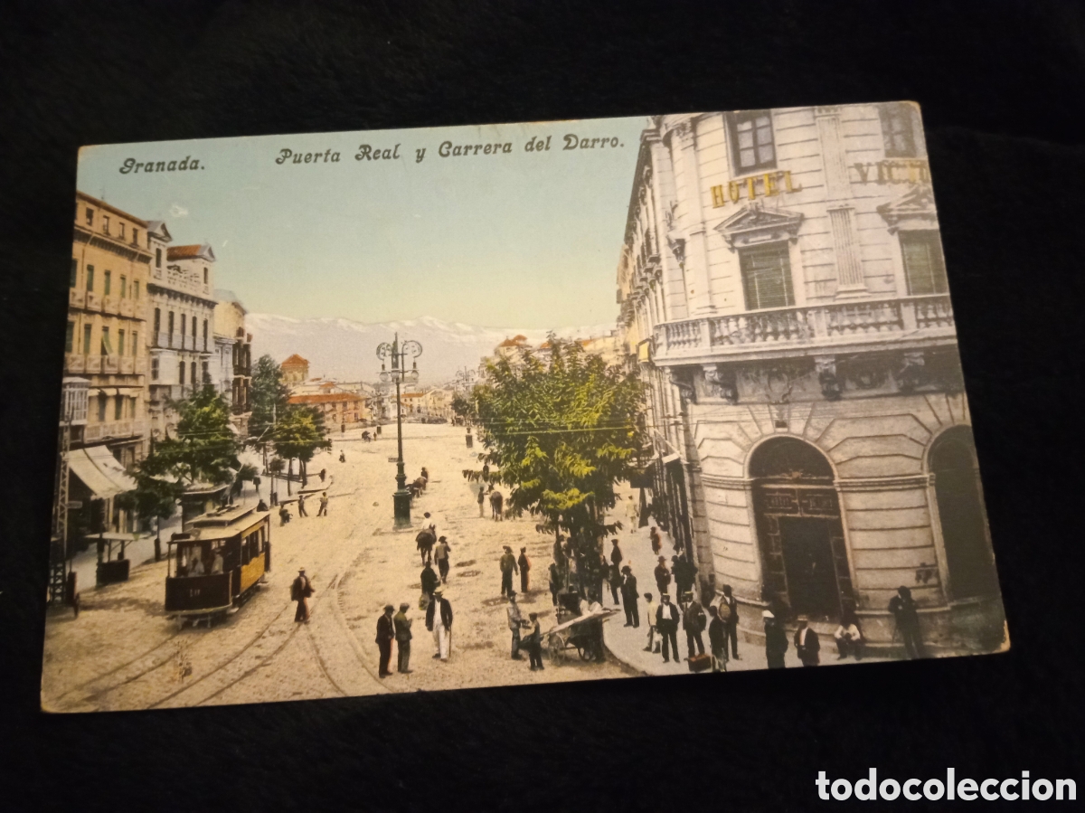 Postales: Antigua postal fotogr&aacute;fica, Granada, Puerta Real y Carrera del Darro