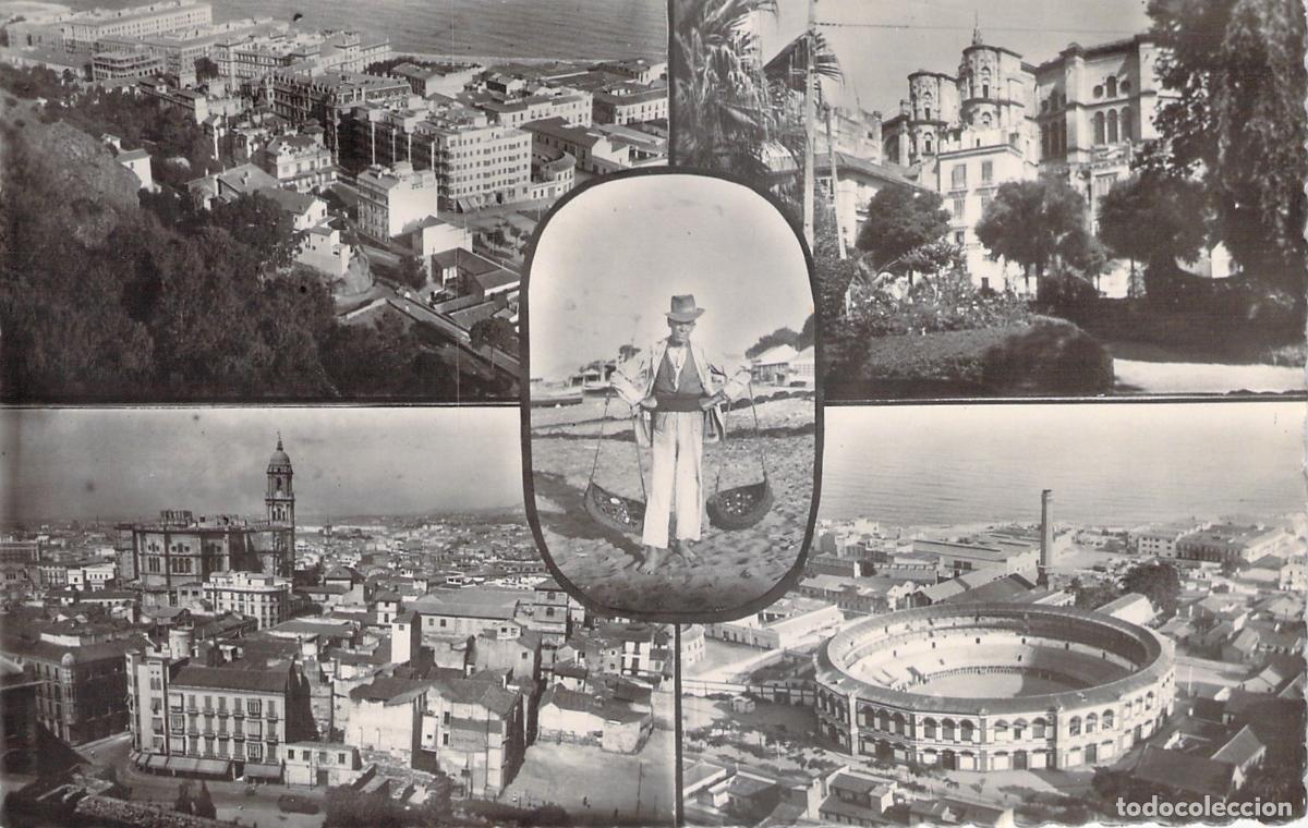 Postales: Postal de M&aacute;laga con Plaza de Toros, Catedral y Cenachero T&iacute;pico