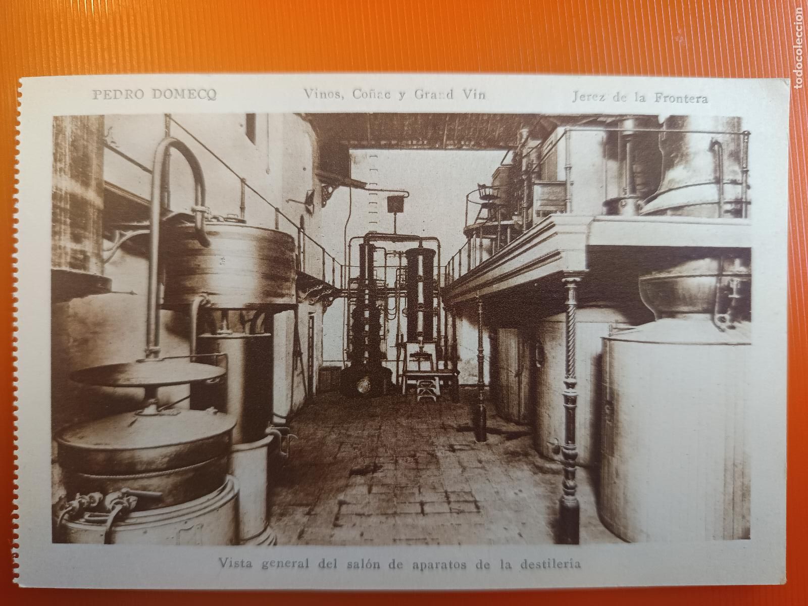 Postales: POSTAL PEDRO DOMECQ, VINOS CO&Ntilde;AC, JEREZ DE LA FRONTERA CADIZ, SALON APARATOS DE LA DESTILERIA, MATEU