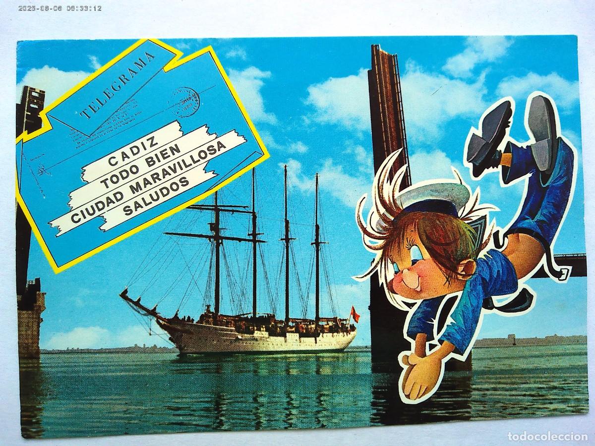 Postales: POSTAL DE CADIZ : EL JUAN SEBASTIAN ELCANO EN LA BAHIA Y DIBUJITO DE MARINERO . A&Ntilde;OS 70