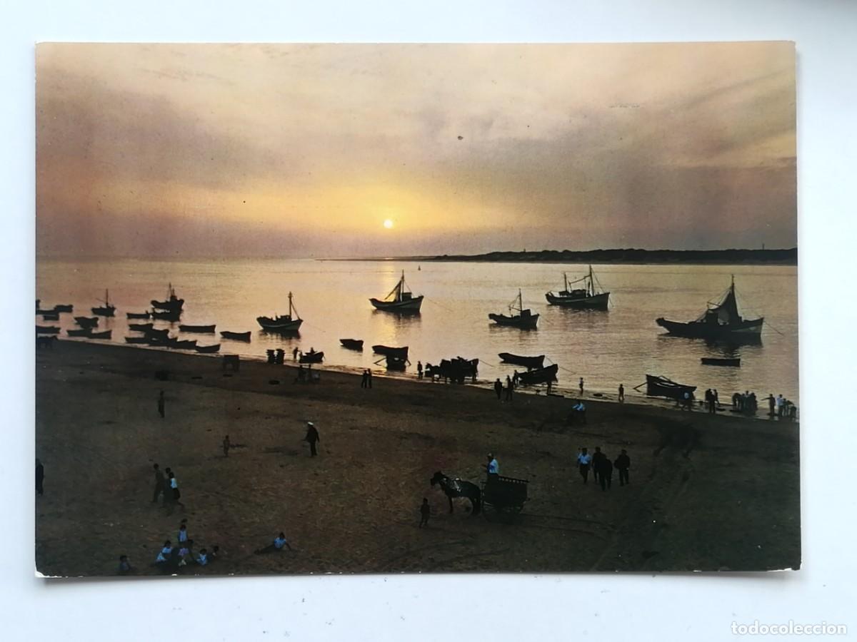 Postales: POSTAL 18306 ESCRITA-ARRIBAS FIR 2008 SANLUCAR BARRAMEDA PUESTA SOL GUIA TOMBE PLAYA BARCOS