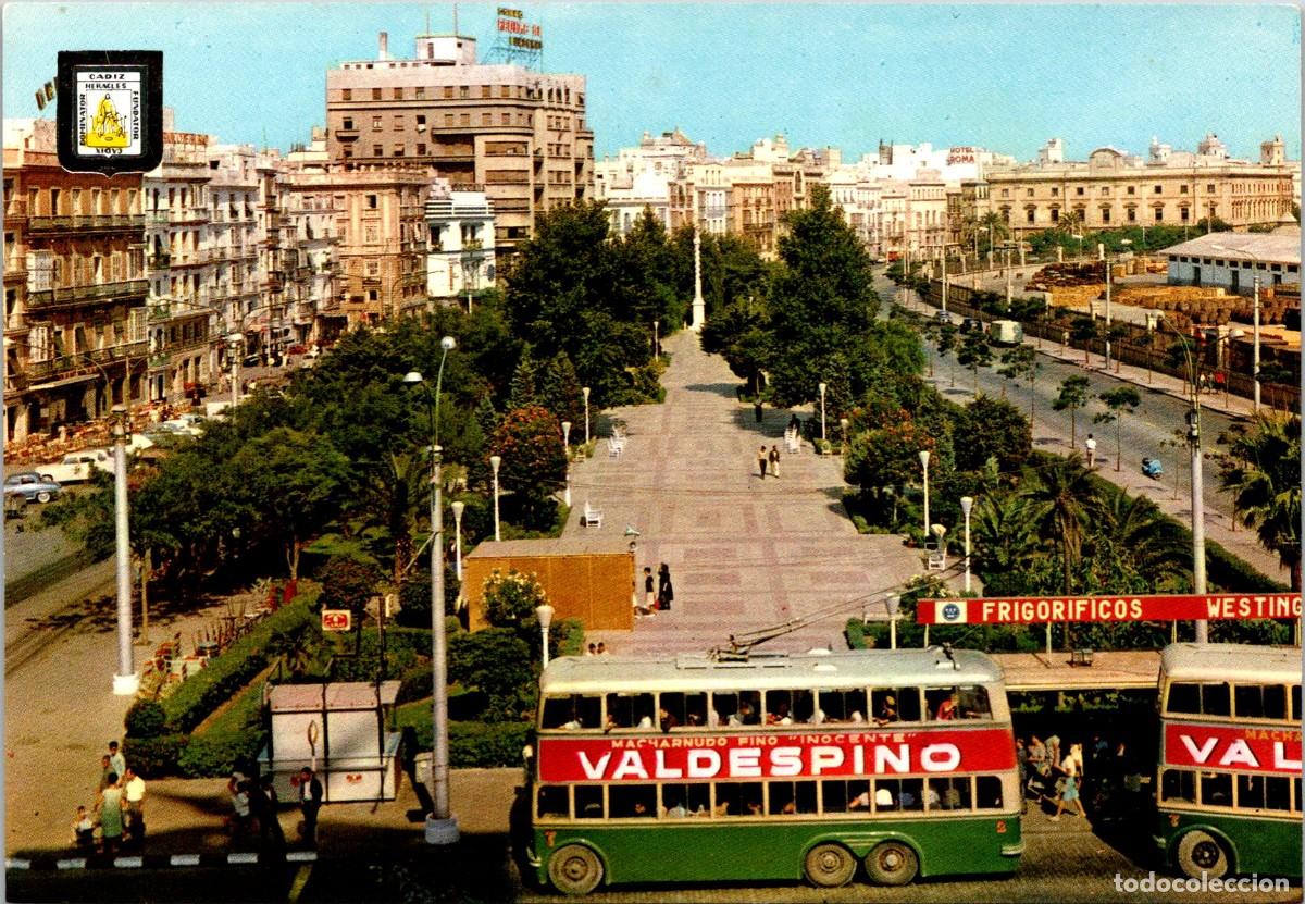Postales: C&aacute;diz - Avenida Ram&oacute;n de Carranza -Subirats Casanovas 1147- Troleb&uacute;s 2 pisos -Hotel Roma -Valdespino
