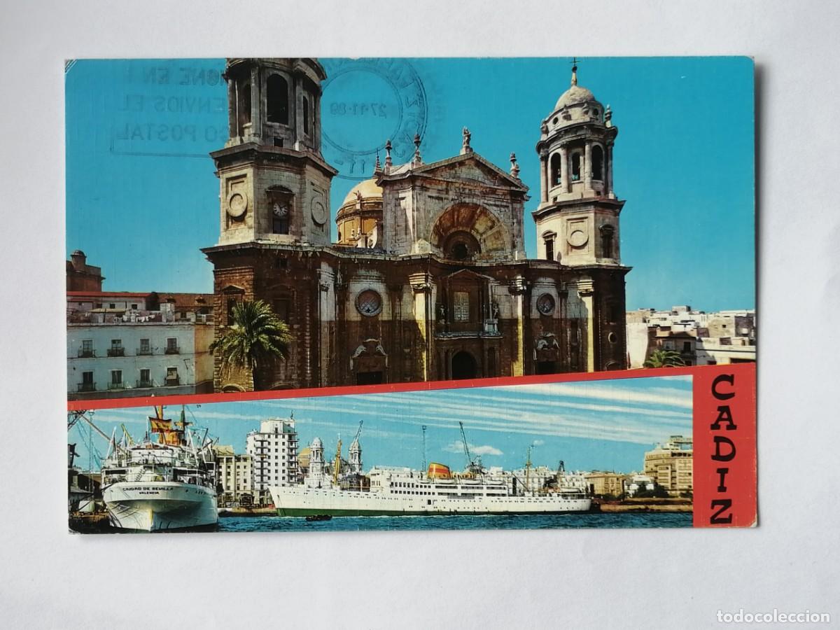 Postales: POSTAL 18349 MAT.PAB.POSTAL 1989-PAJARES 1031 CADIZ CATEDRAL PUERTO -BARCO CIUDAD DE SEVILLA Y OTRO