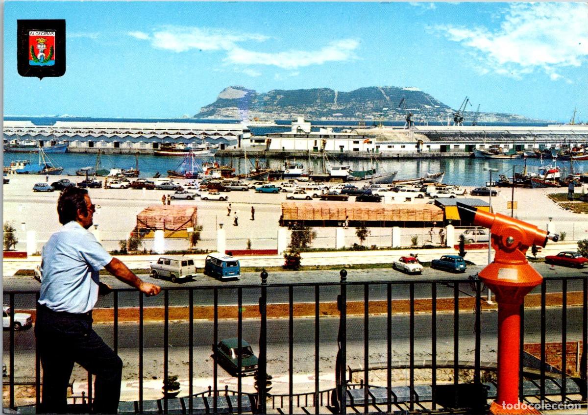 Postales: Algeciras (C&aacute;diz) - Vista parcial del puerto con el Pe&ntilde;&oacute;n al fondo - Visor Catalejo P&uacute;blico
