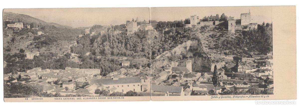 Postales: TARJETA POSTAL DOBLE VISTA GENERAL DEL ALHAMBRA DESDE SAN NICOLAS 32. SE&Ntilde;AN Y GONZALEZ FOTOGRAFOS