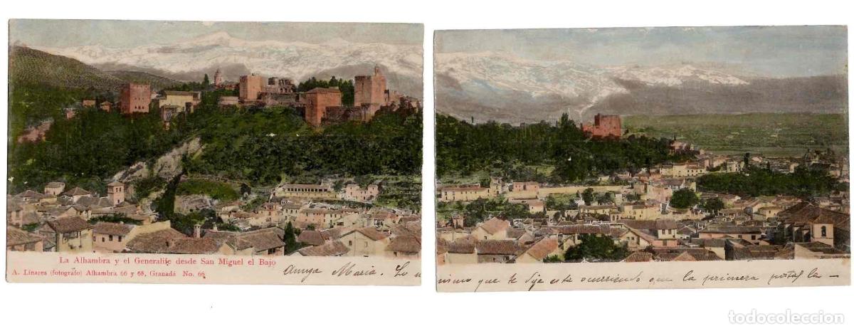 Postales: TARJETA POSTAL DOBLE LA ALHAMBRA Y EL GENERALIFE DESDE SAN MIGUEL EL BAJO. A. LINARES. 66 Y 68.