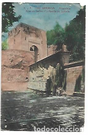 Postales: ALHAMBRA. PILAR DE CARLOS V Y PUERTA DE JUSTICIA.- GRANADA