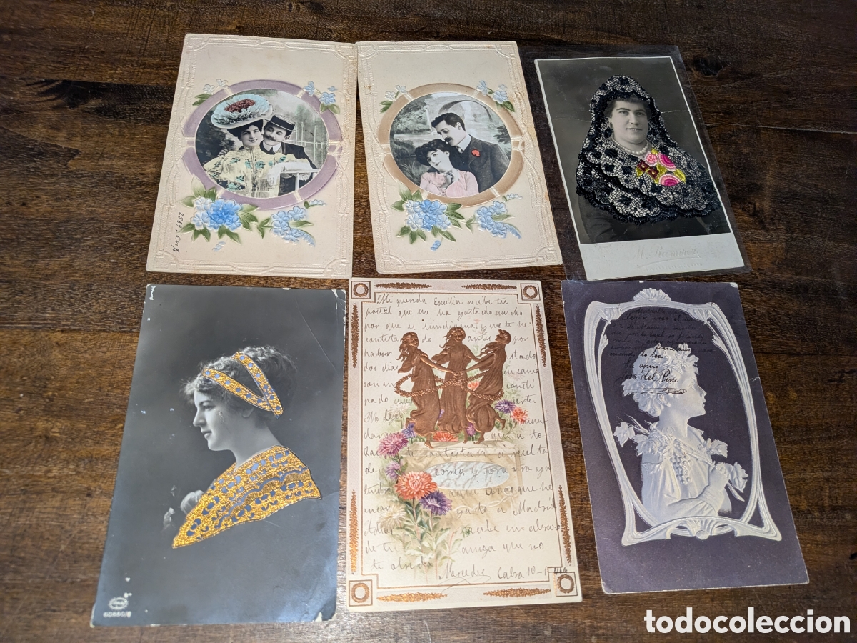 Postales: Lotes 6 postales troqueladas y una con bordados