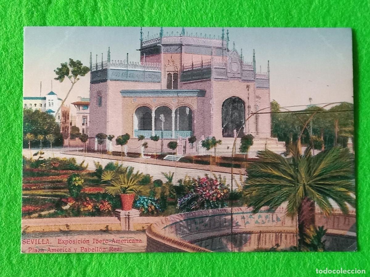 Postales: Reproducci&oacute;n Postal - Exposici&oacute;n Ibero-Americana, Plaza de Am&eacute;rica y Pabell&oacute;n Real.