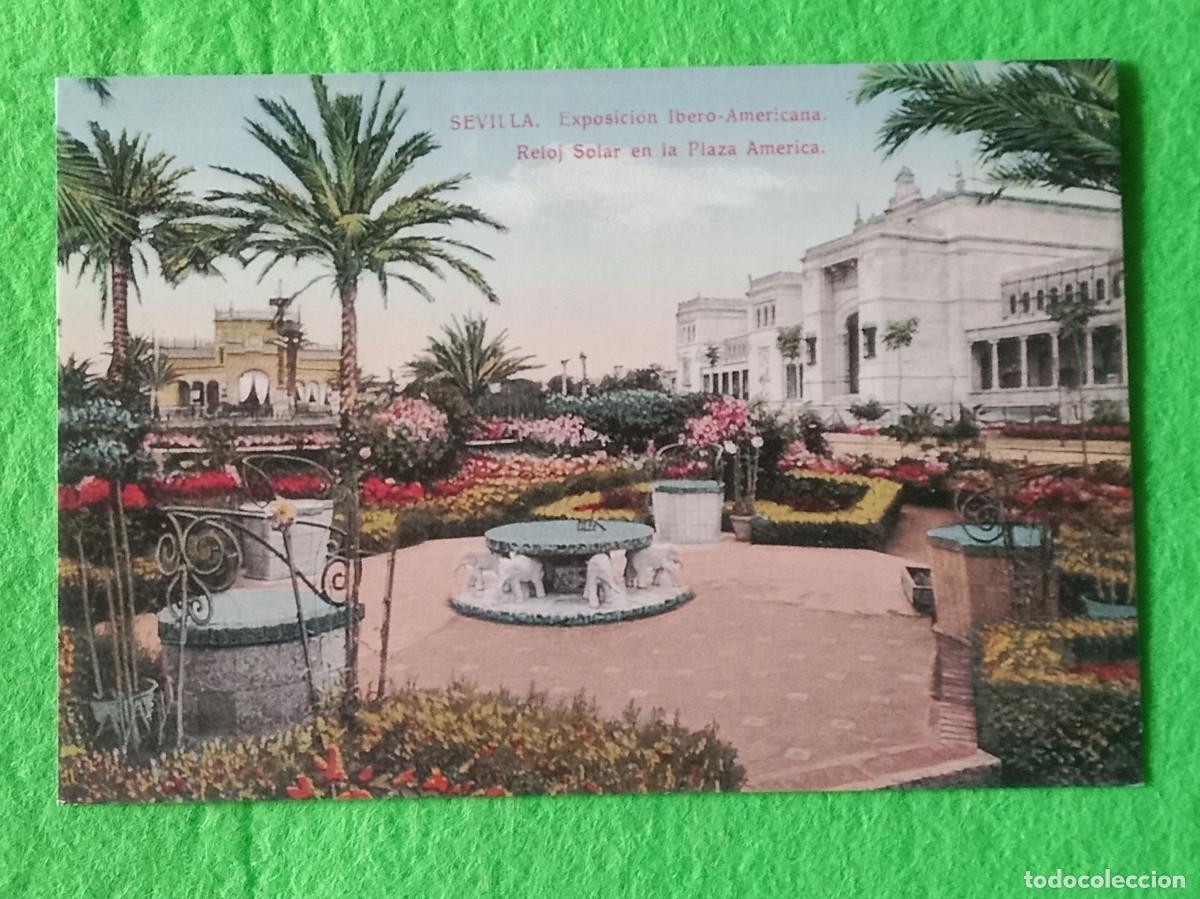 Postales: Reproducci&oacute;n Postal - Exposici&oacute;n Ibero-Americana, Reloj Solar de la Plaza de Am&eacute;rica.
