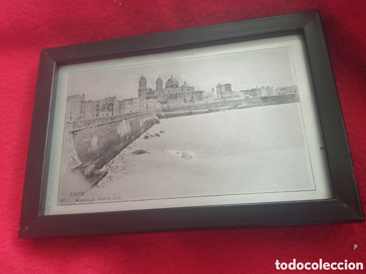 Postales: C&aacute;diz, Muralla parte sur, antigua postal en aluminio enmarcada, mide 15,6x10, 6cm