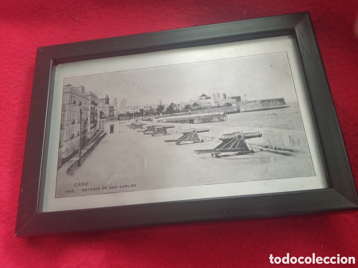 Postales: C&aacute;diz, Bater&iacute;a de San Carlos, antigua postal en aluminio enmarcada, mide 15,6x10, 6cm