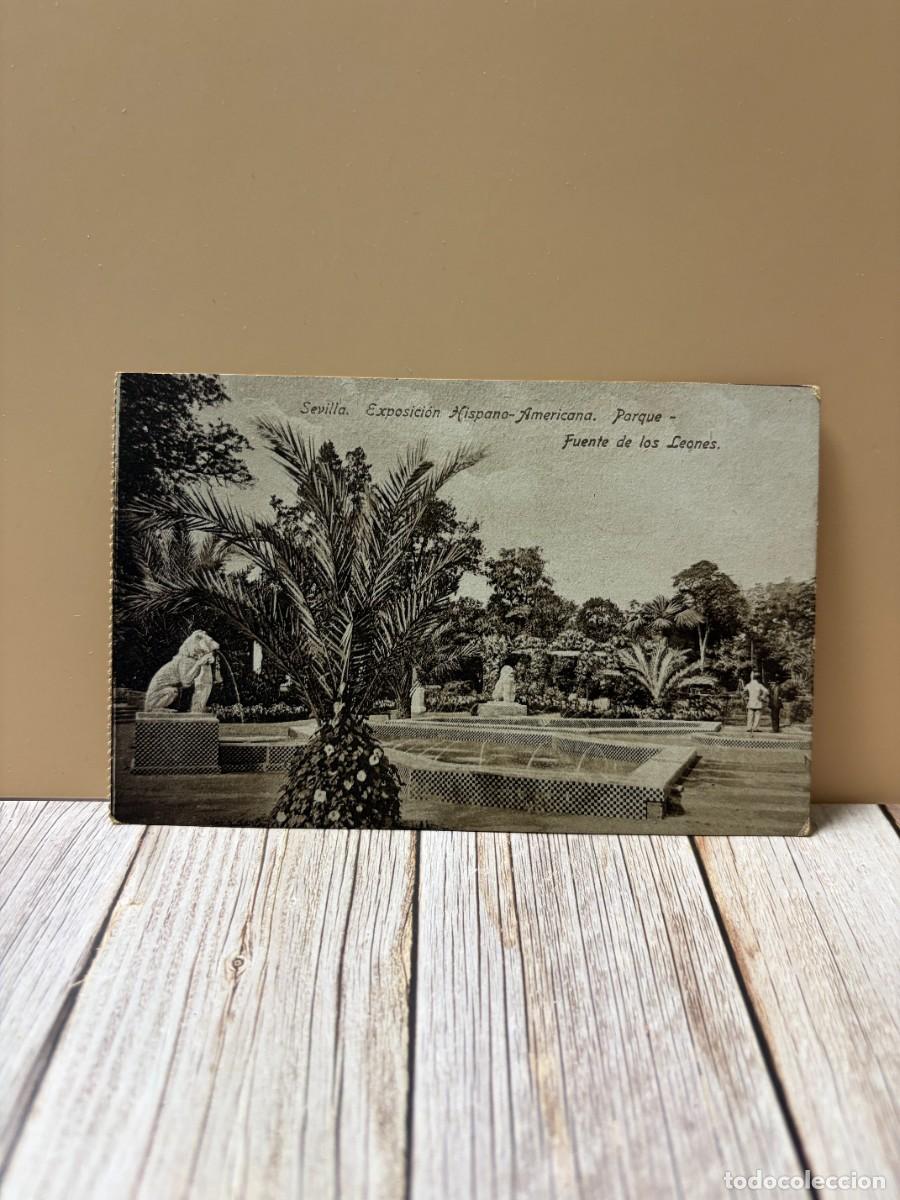 Postales: TARJETA POSTAL. SEVILLA. EXPOSICI&Oacute;N HISPANO-AMERICANA. PARQUE-FUENTE DE LOS LEONES.