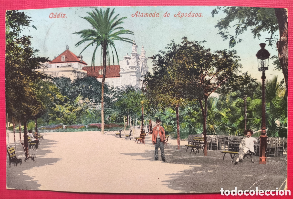 Postales: C&Aacute;DIZ ALAMEDA DE APODACA POSTAL A COLOR SELLO JOS&Eacute; S&Aacute;NCHEZ Y FAZ CIRCULADA 1908