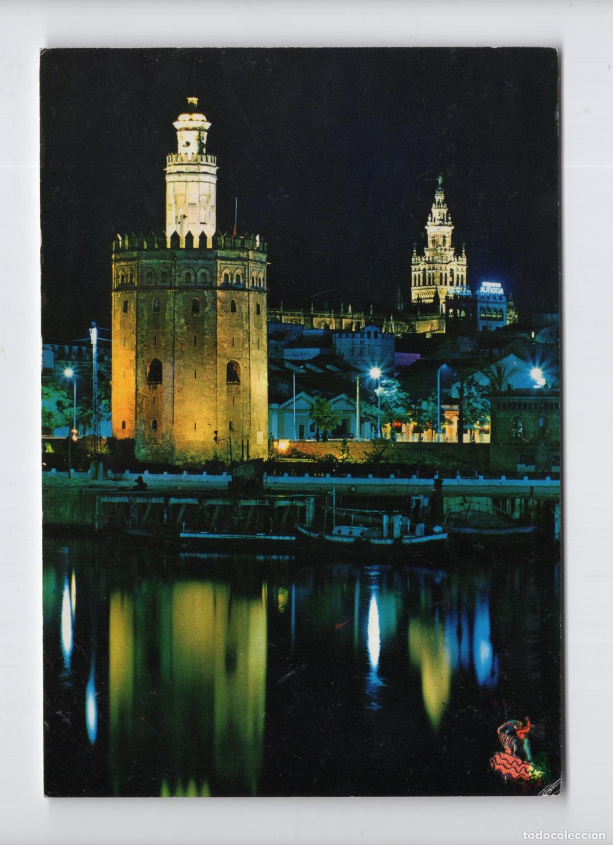 Postales: SEVILLA. Torre del Oro, vista nocturna iluminada con la Giralda al fondo -Ediciones Beascoa BV-