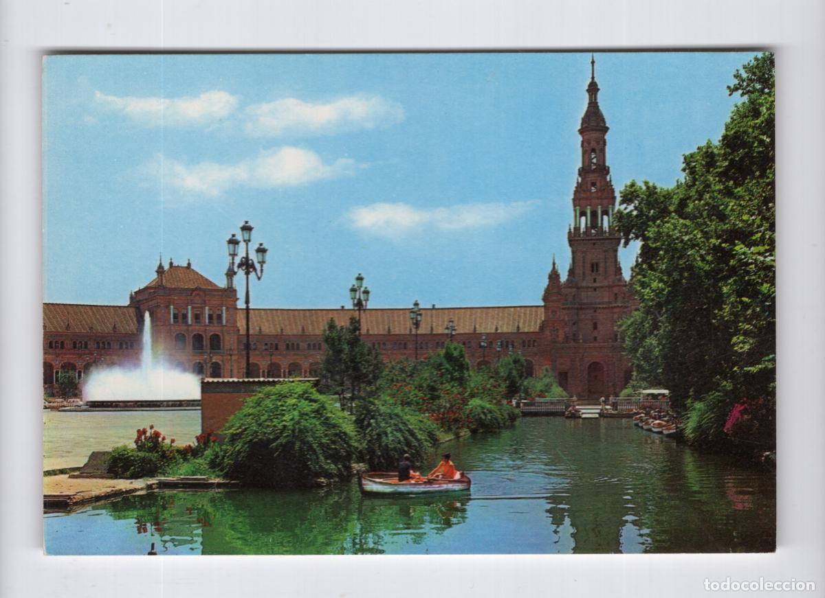 Postales: SEVILLA. Plaza de Espa&ntilde;a con barca en la r&iacute;a y fuente al fondo -Ediciones Beascoa BV-