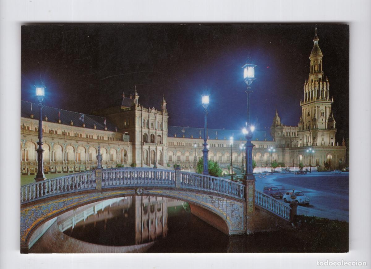 Postales: SEVILLA. Plaza de Espa&ntilde;a nocturna iluminada con puente y r&iacute;a -Ediciones Beascoa BV-