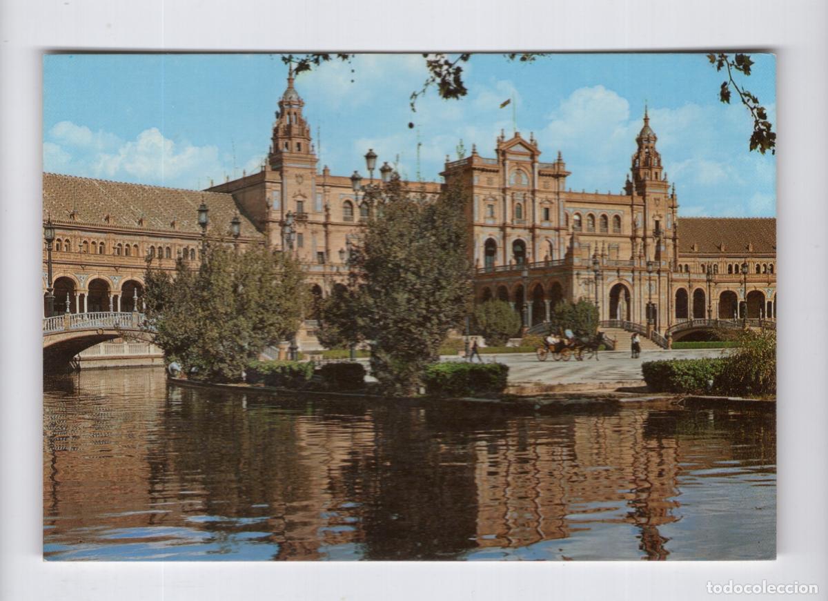 Postales: SEVILLA. Plaza de Espa&ntilde;a de d&iacute;a con coche de caballos junto a la r&iacute;a -Ediciones Beascoa BV-