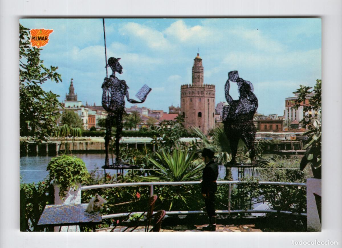 Postales: SEVILLA. Esculturas de Don Quijote y Sancho Panza, la Torre del Oro al fondo -Postales PILMAR-