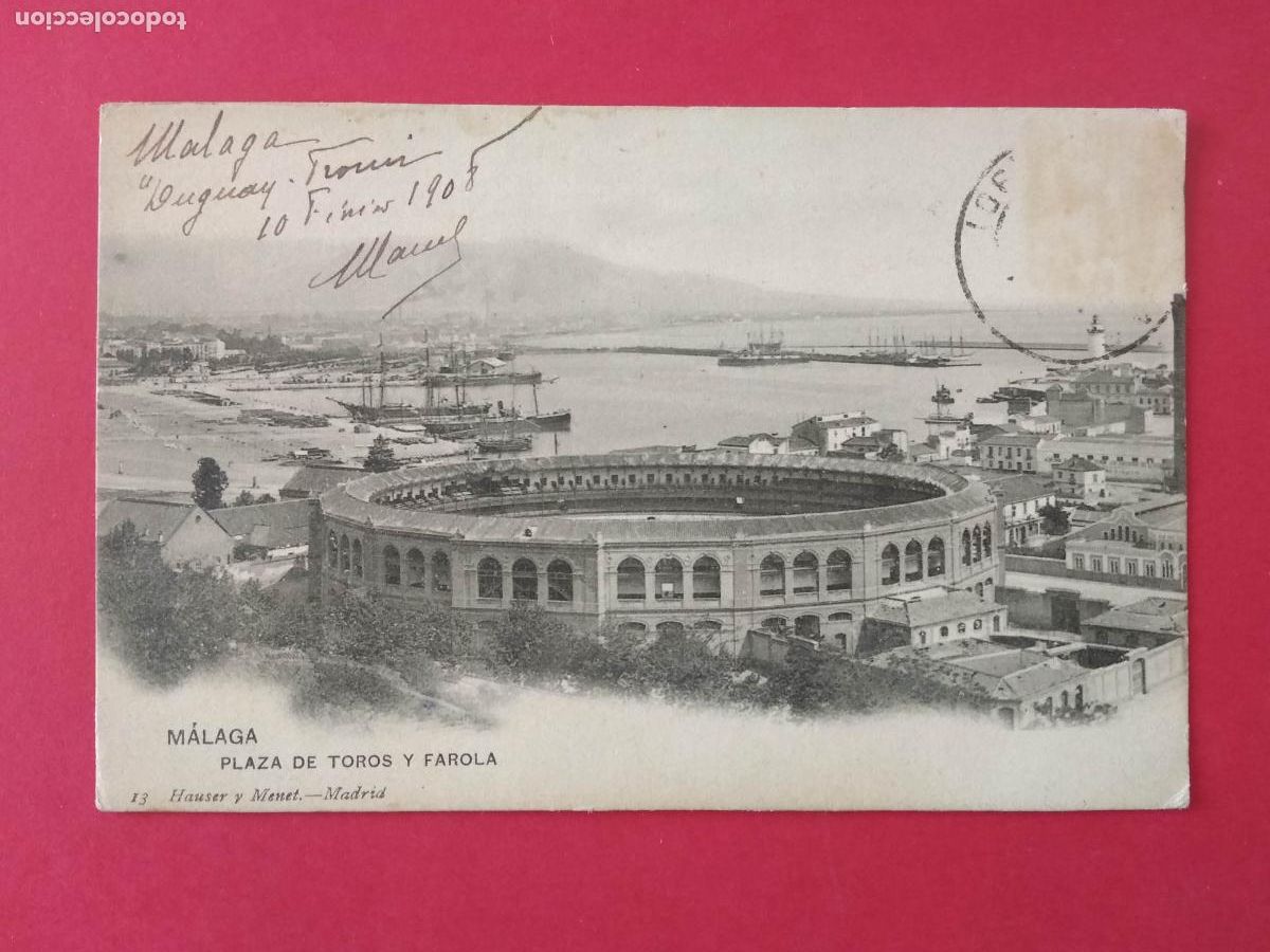 Postales: ANTOGUA TARJETA POSTAL MALAGA A&Ntilde;O 1908 PLAZA DE TOROS Y FAROLA HAUSER Y MENET