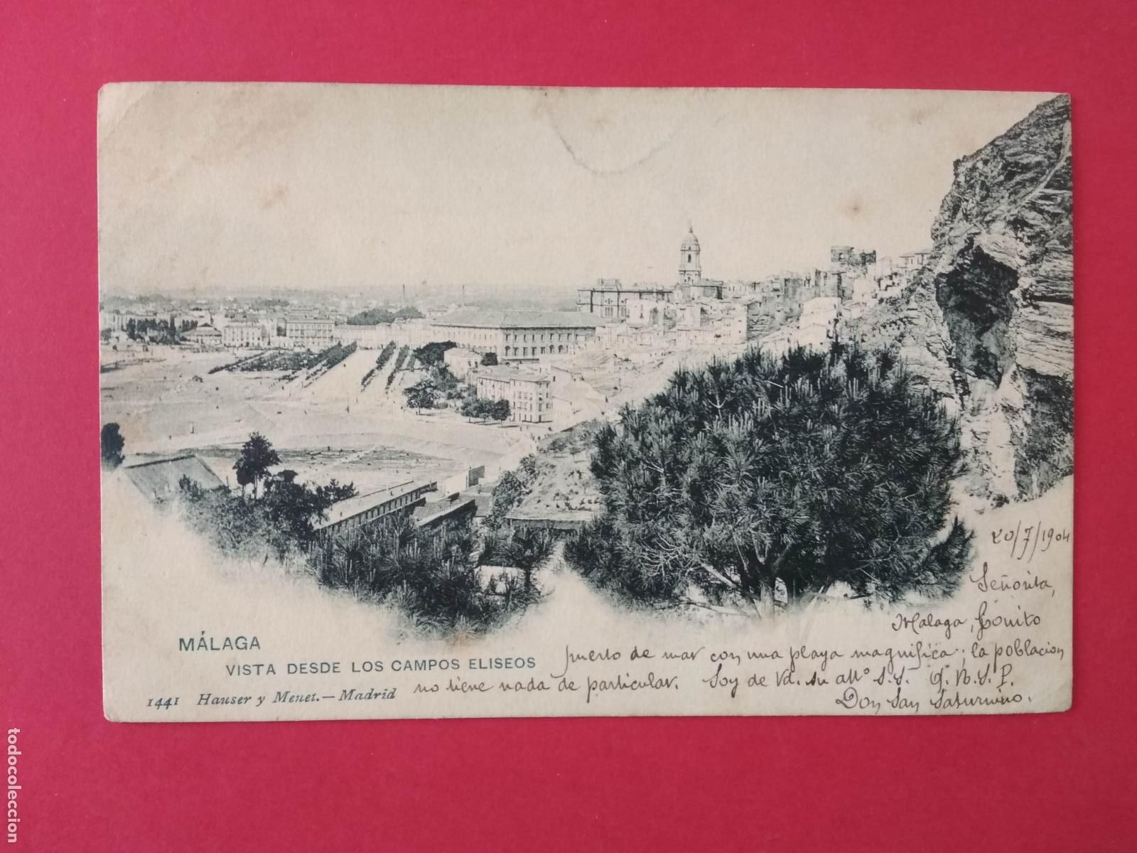 Postales: ANTOGUA TARJETA POSTAL MALAGA A&Ntilde;O 1904 VISTA DESDE LOS CAMPOS ELISEOS HAUSER Y MENET