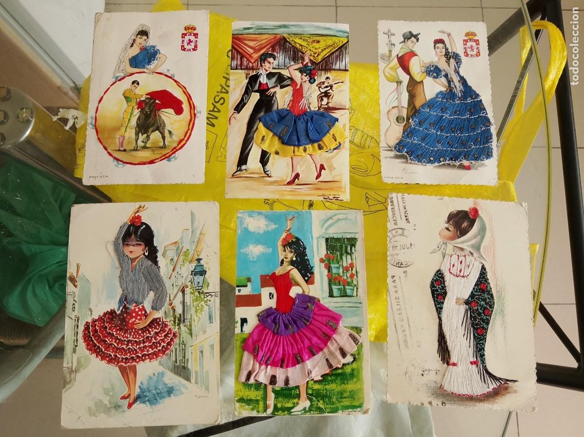 Postales: Lote de 6 postales bordadas tema flamenco a&ntilde;os 60/70