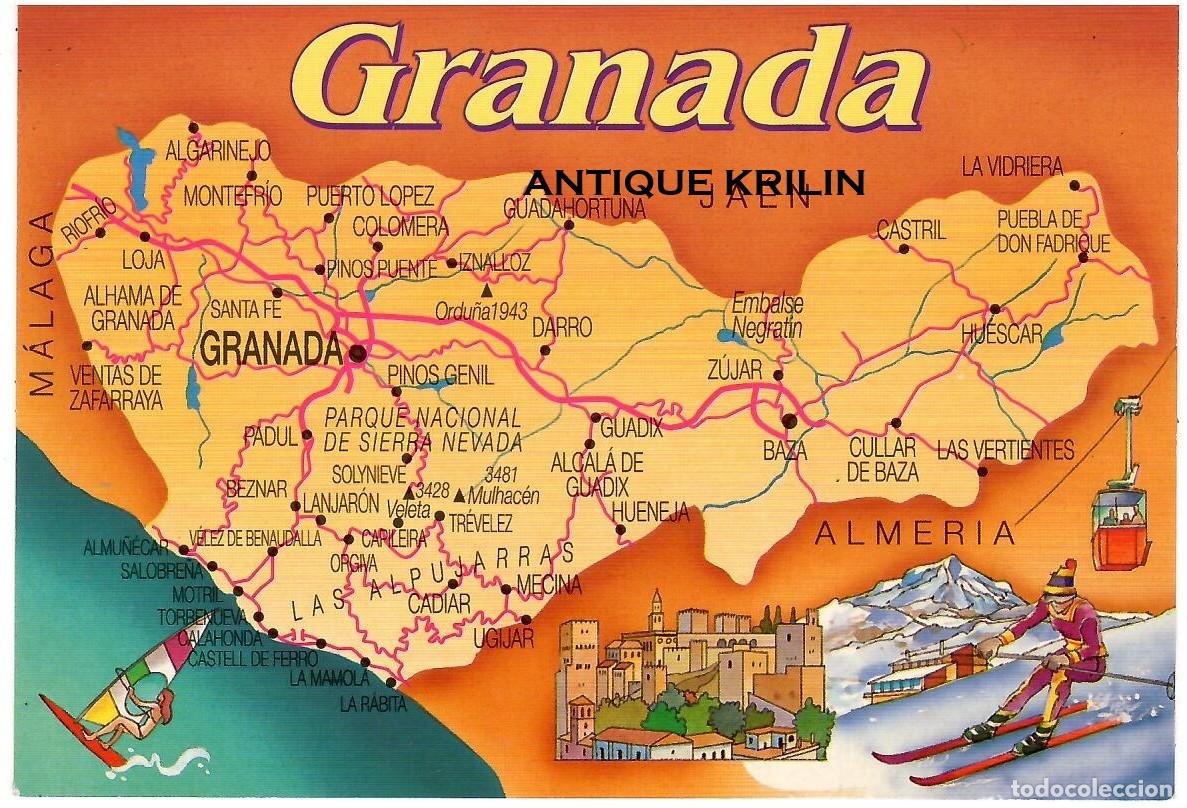 Postales: GRANADA N&ordm; 4 MAPA / ILUSTRADOR JOSEP OPISSO / ESCUDO DE ORO / SIN FRANQUEAR