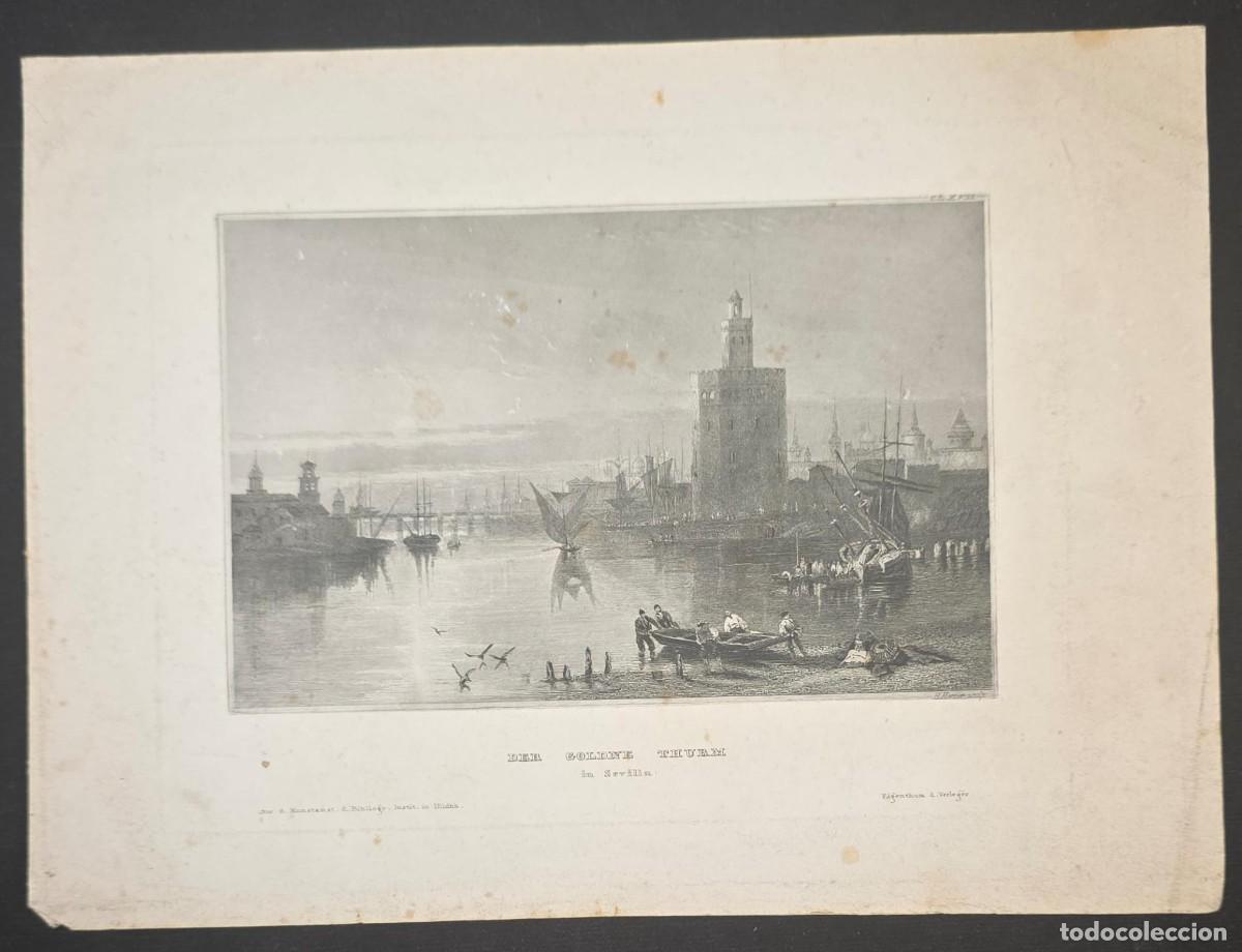 Postales: Grabado antiguo &rdquo;Der Goldene Thurm in Sevilla&rdquo; &ndash; Torre del Oro de Sevilla &ndash; Vista hist&oacute;rica